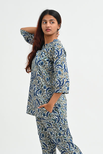 Regal Blue Cotton Printed Pyjama Set