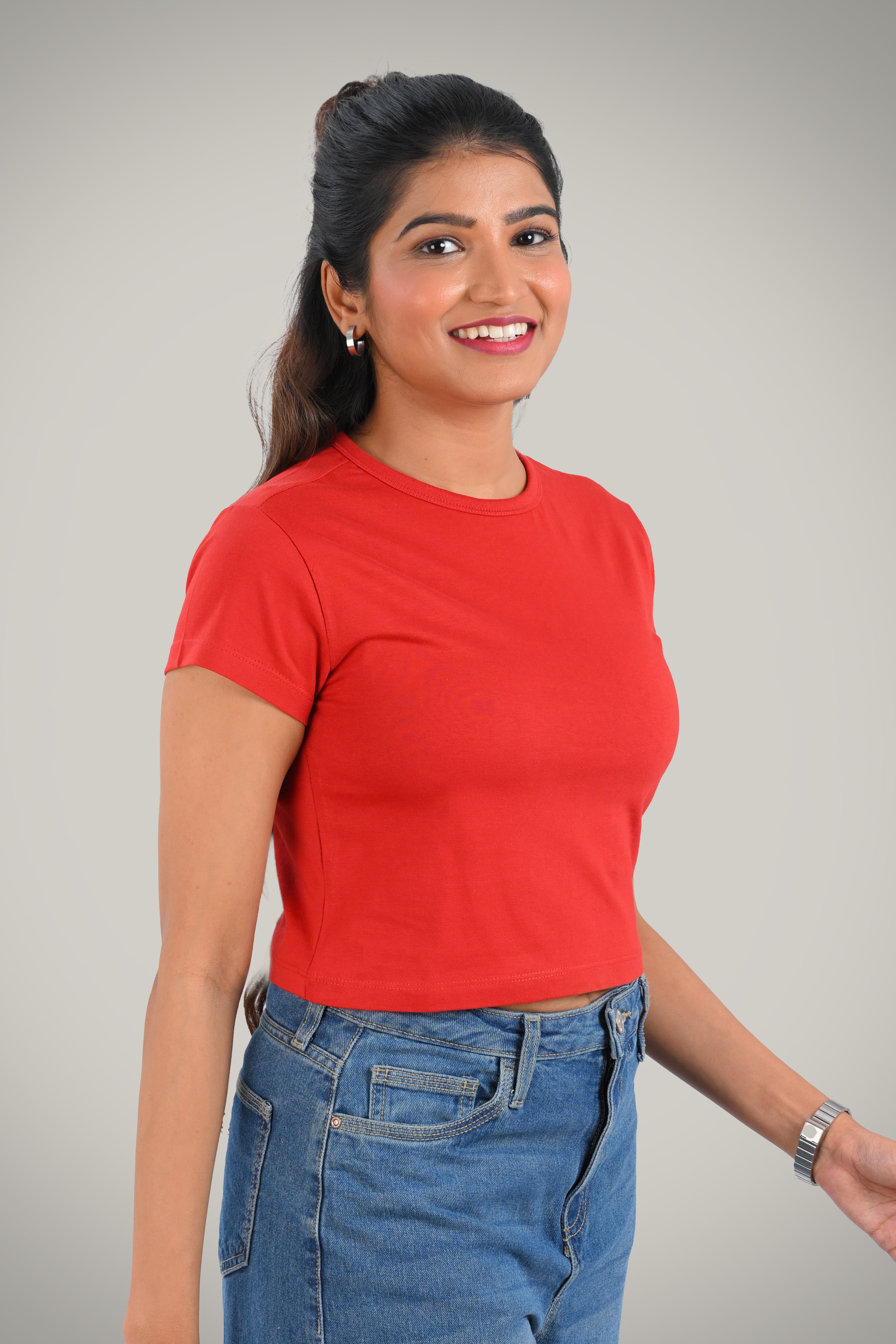 Red Cotton Crop Crew Neck T-Shirt
