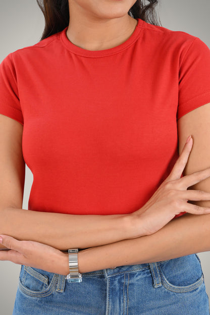 Red Cotton Crop Crew Neck T-Shirt