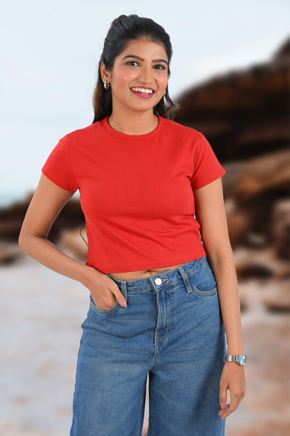 Red Cotton Crop Crew Neck T-Shirt