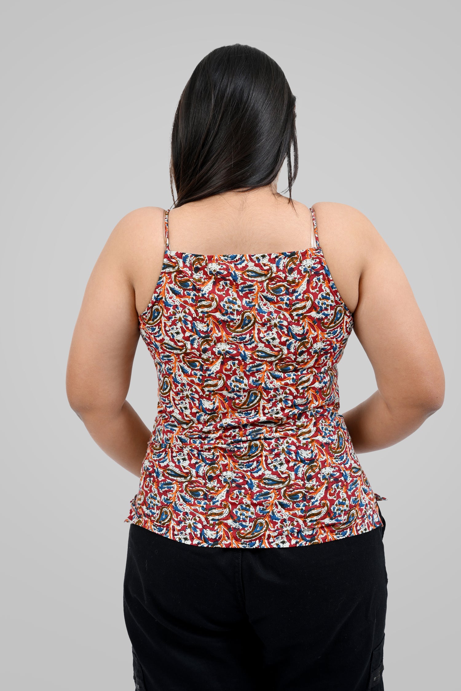 Red Cotton Printed Strap Top