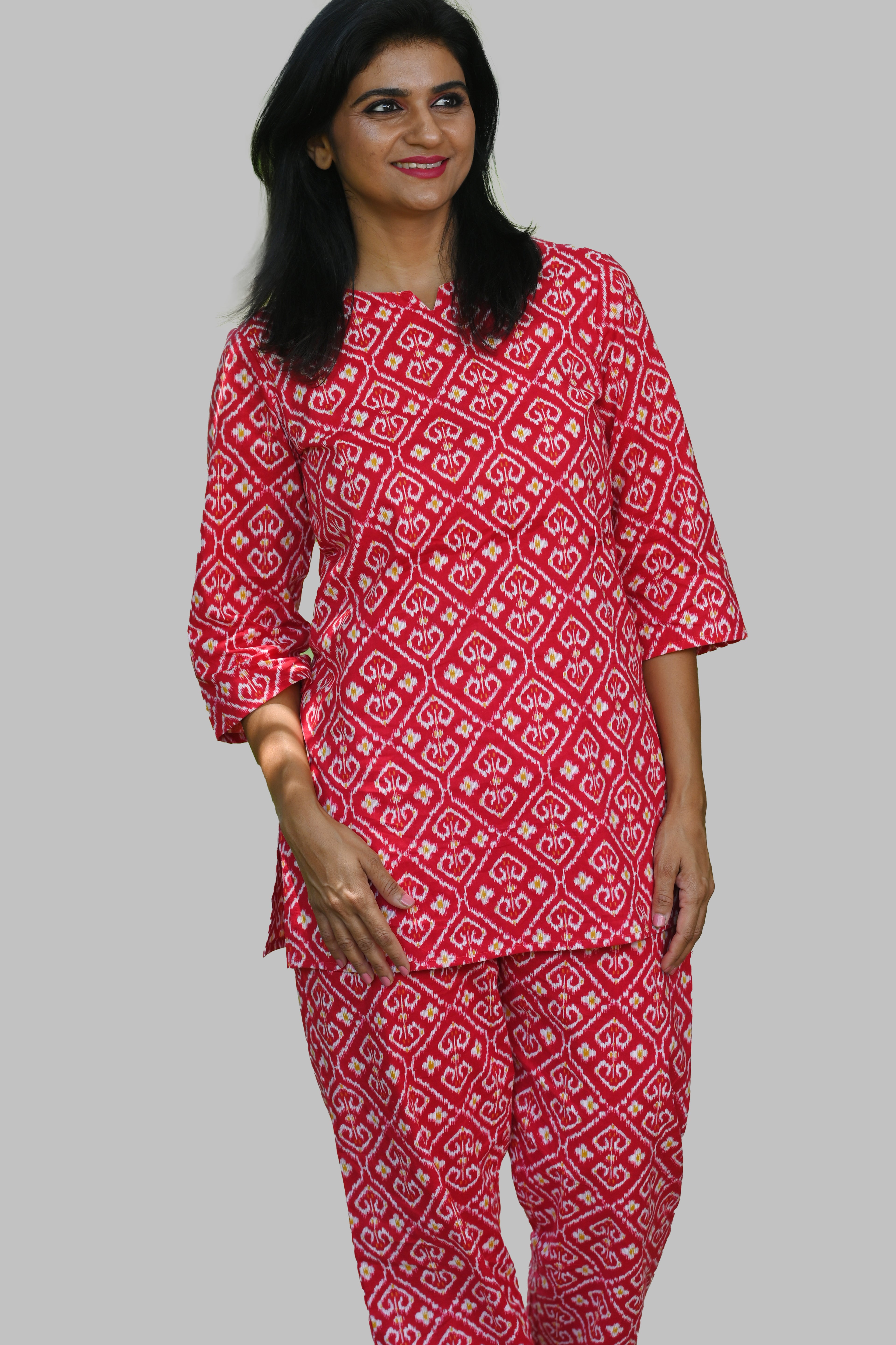 Red Ikat Cotton Printed Pyjama Set