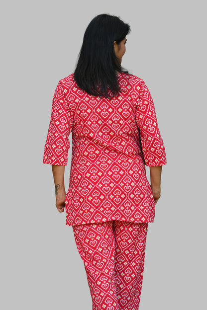 Red Ikat Cotton Printed Pyjama Set