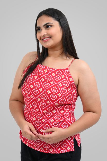 Red Ikat Cotton Printed Strap Top