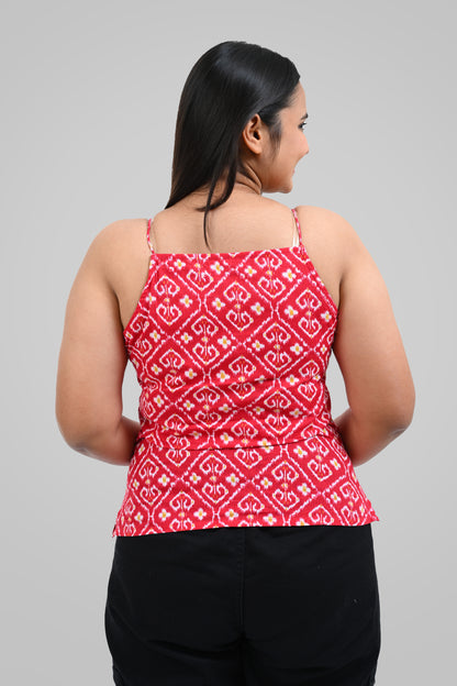 Red Ikat Cotton Printed Strap Top