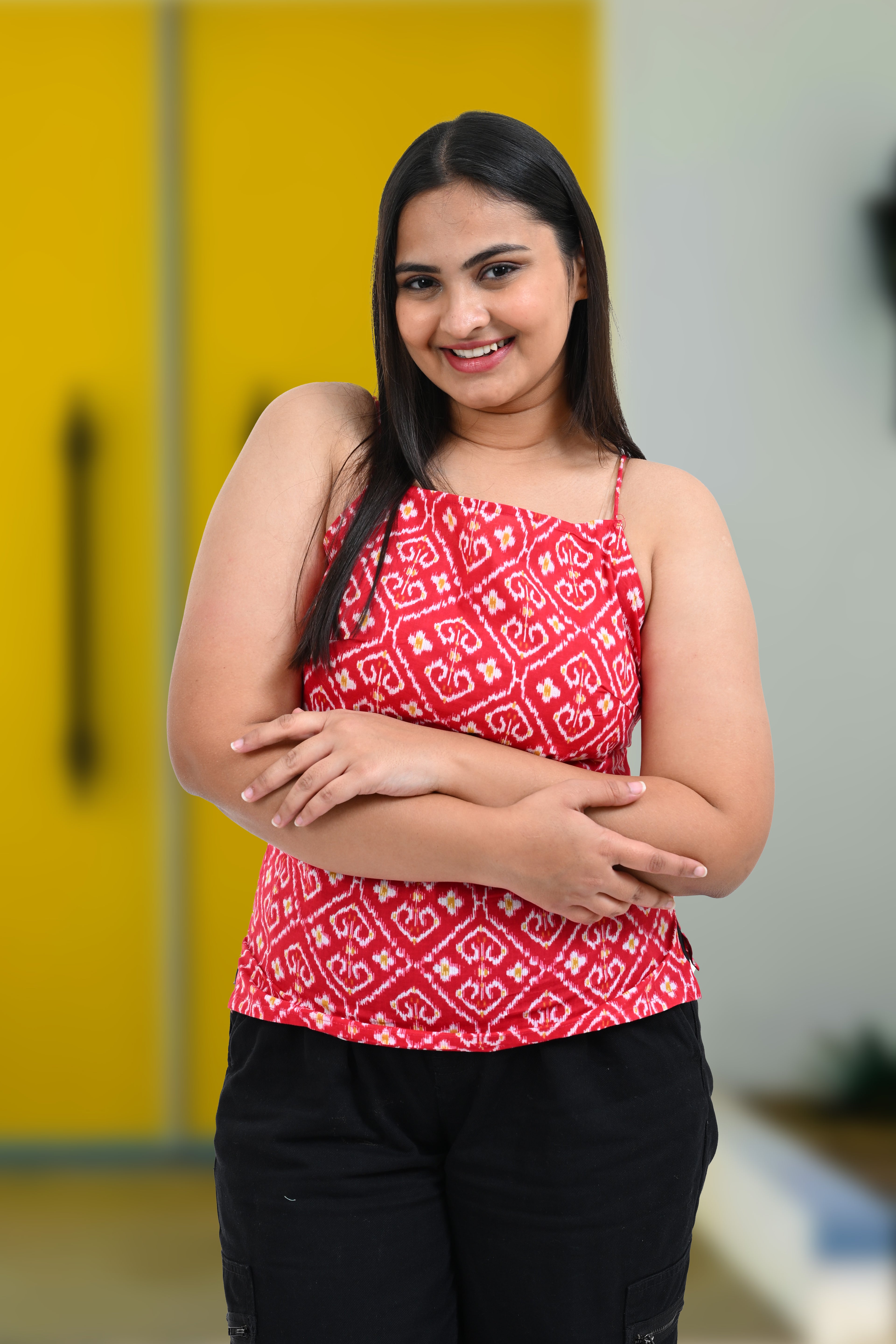 Red Ikat Cotton Printed Strap Top