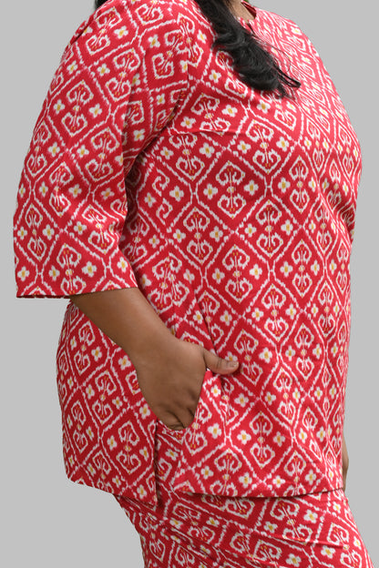 Red Ikat Plus Size Cotton Printed Pyjama Set