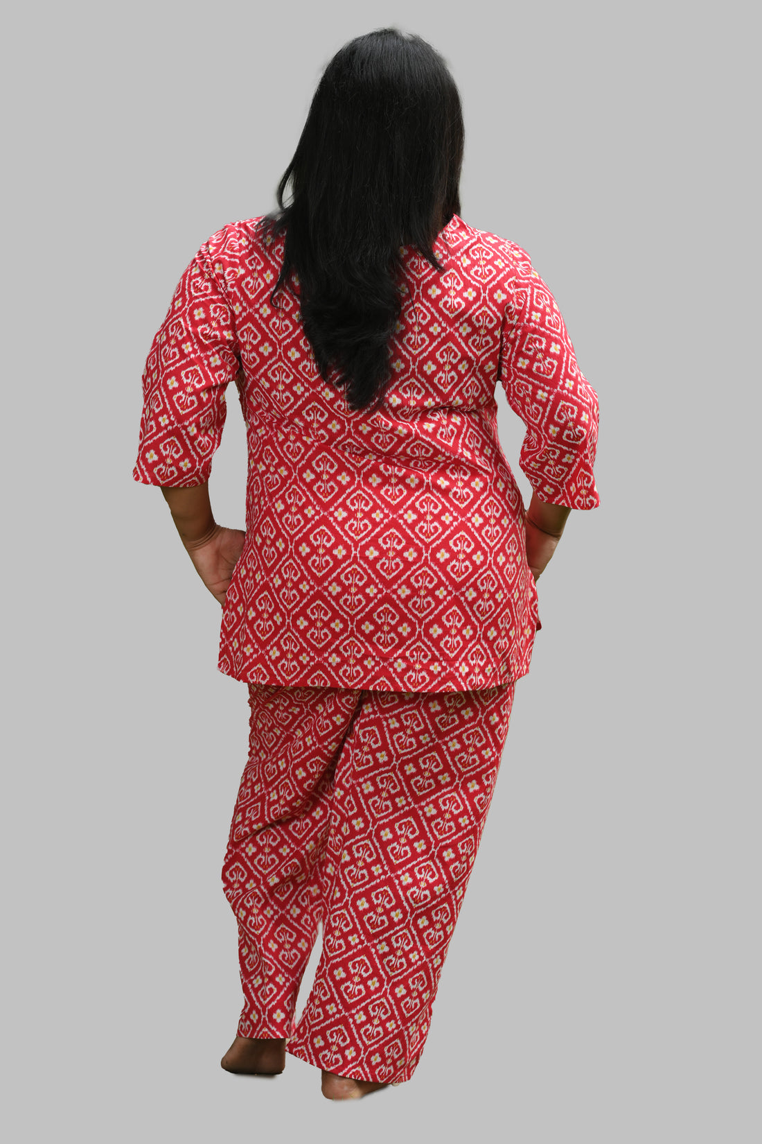 Red Ikat Plus Size Cotton Printed Pyjama Set