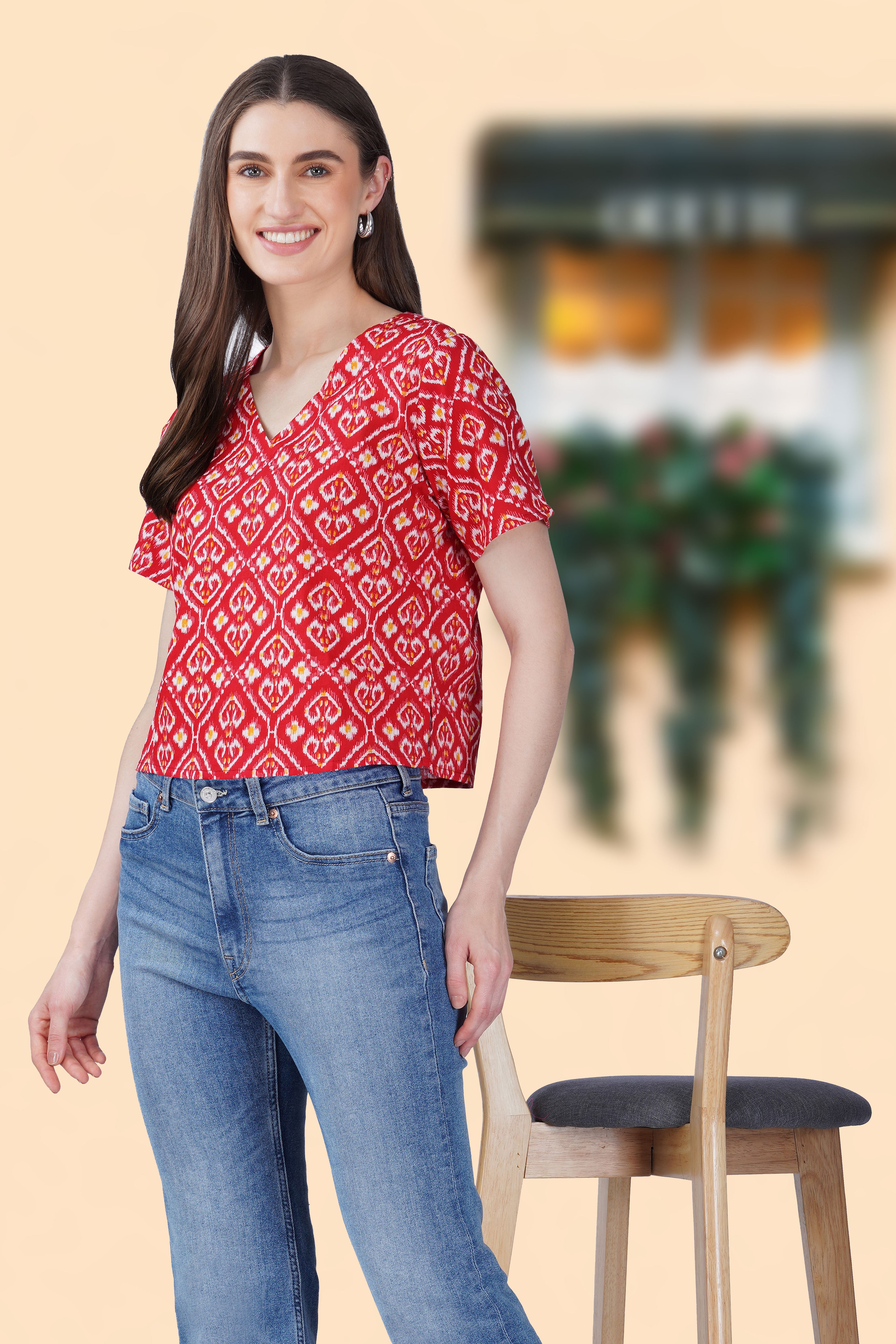 Red Ikat V Neck Cotton Printed Top