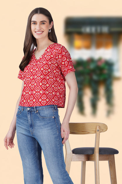 Red Ikat V Neck Cotton Printed Top