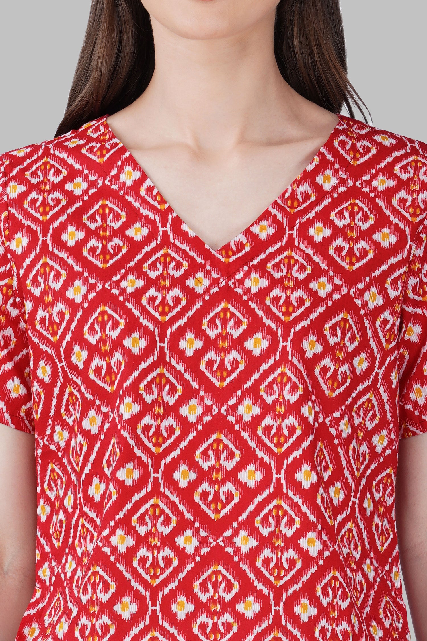 Red Ikat V Neck Cotton Printed Top