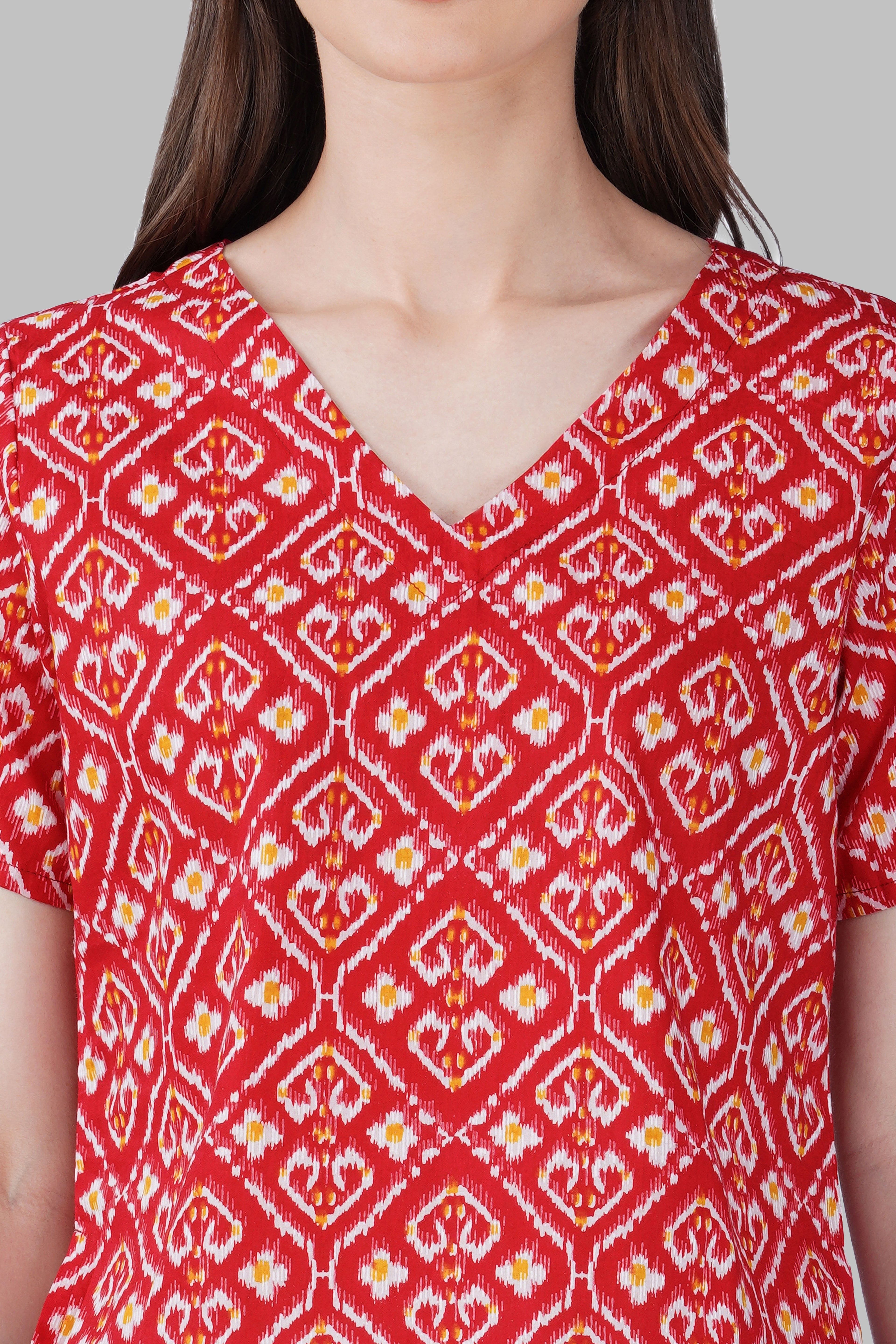 Red Ikat V Neck Cotton Printed Top