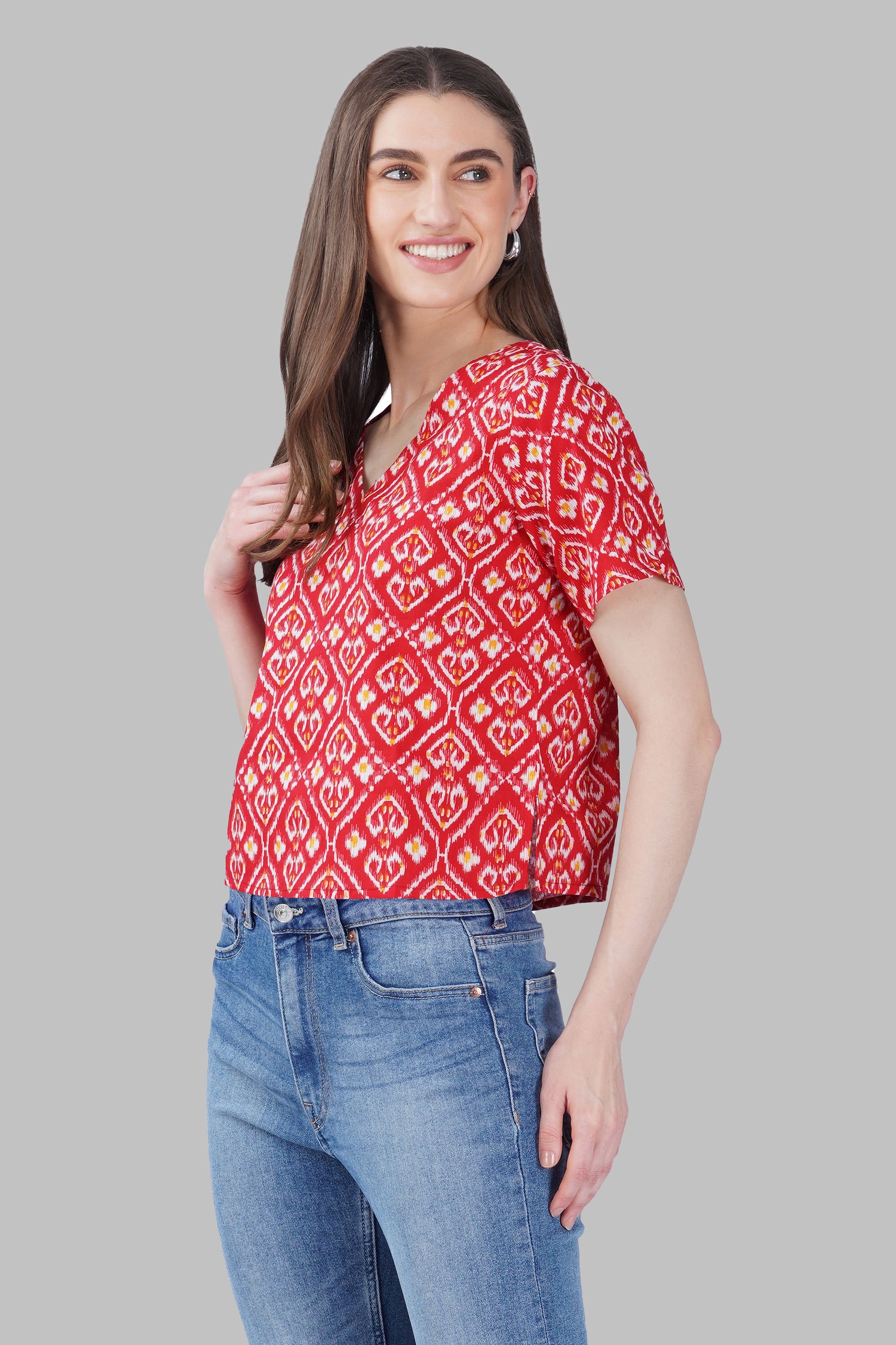 Red Ikat V Neck Cotton Printed Top
