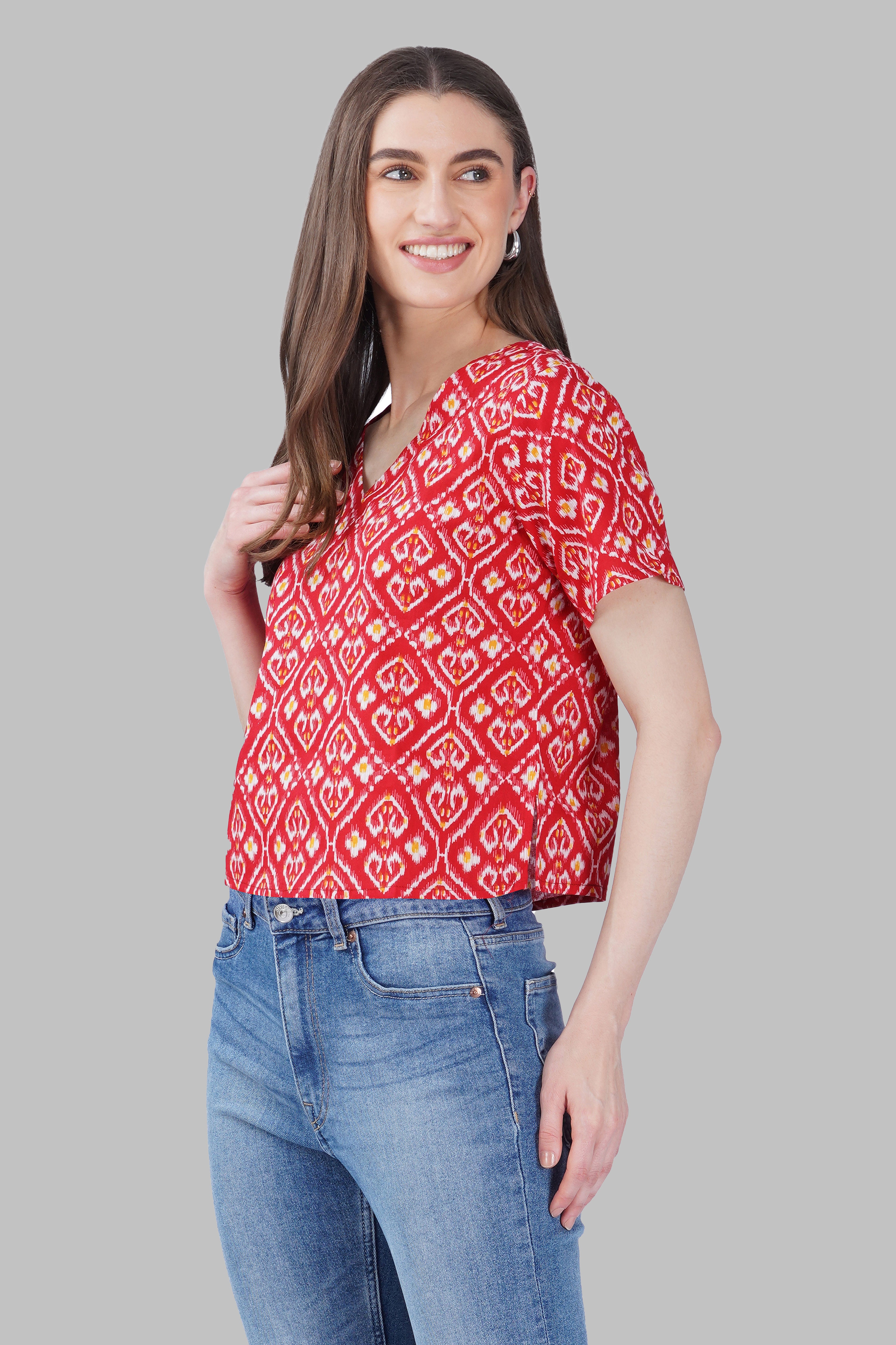 Red Ikat V Neck Cotton Printed Top
