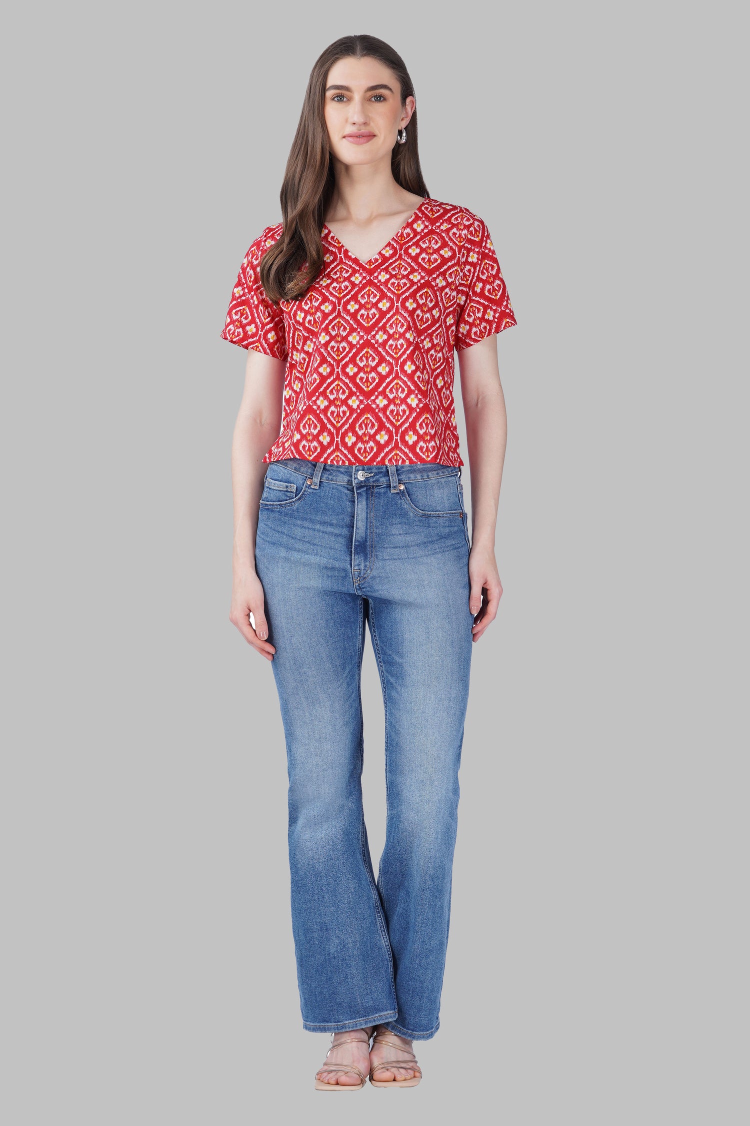 Red Ikat V Neck Cotton Printed Top