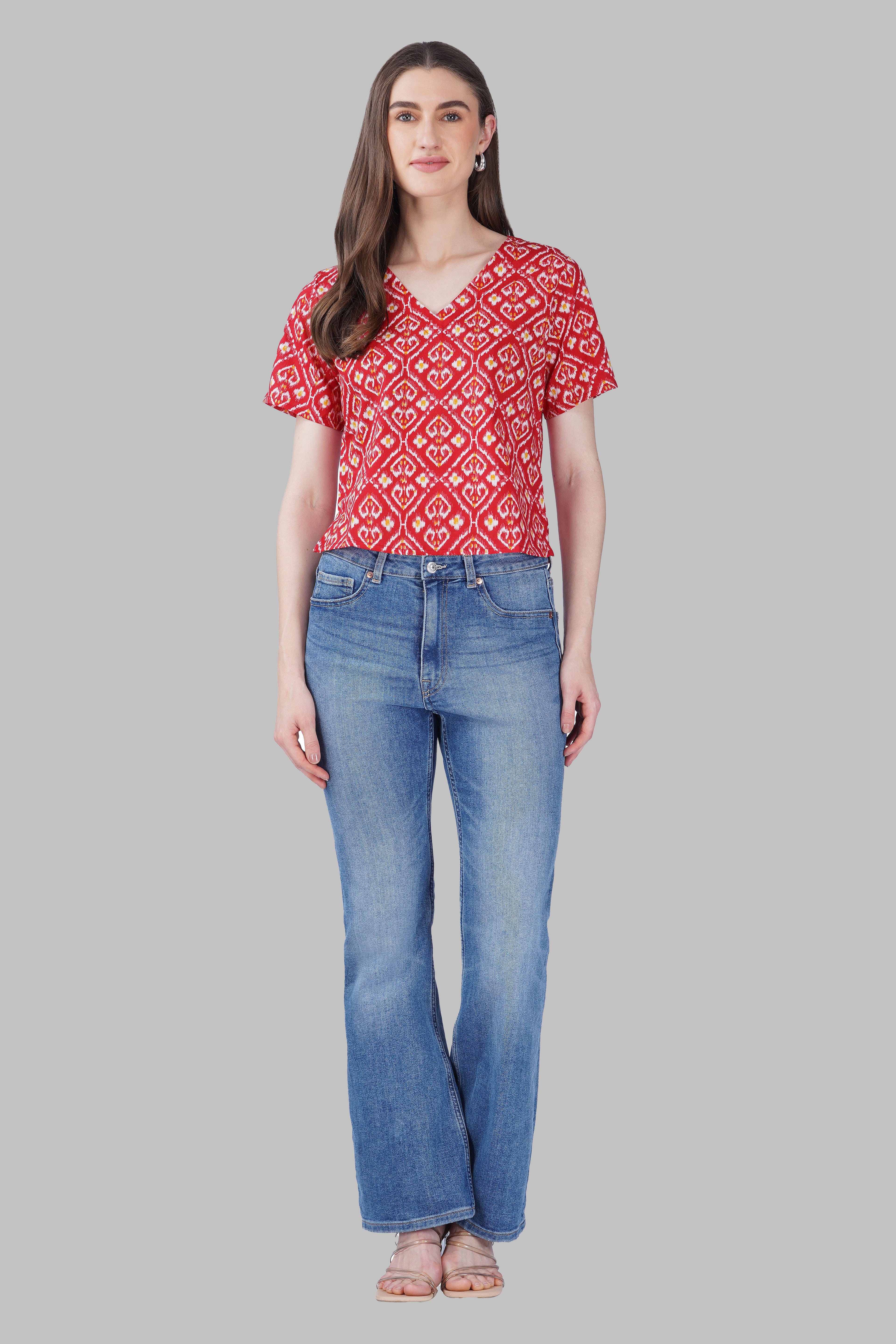 Red Ikat V Neck Cotton Printed Top
