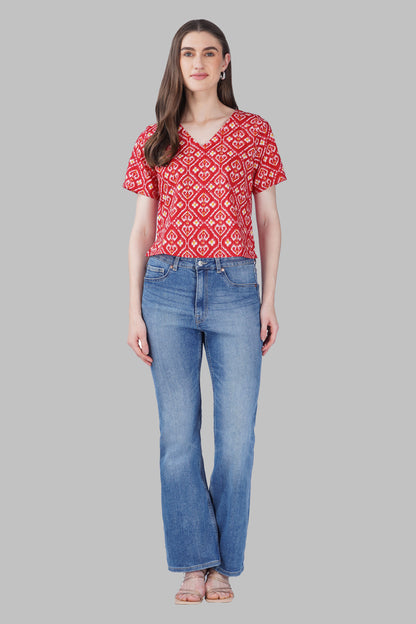 Red Ikat V Neck Cotton Printed Top