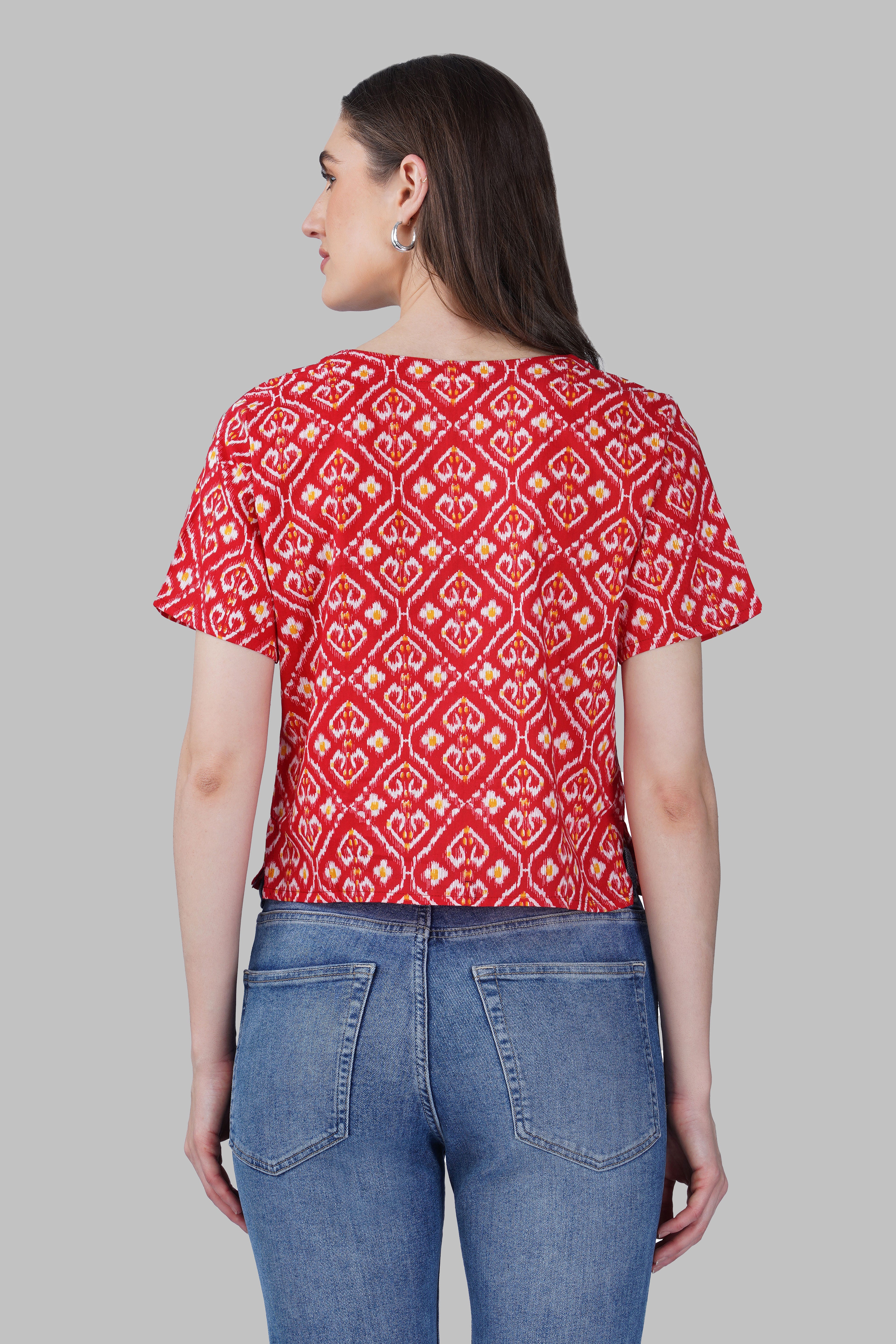 Red Ikat V Neck Cotton Printed Top