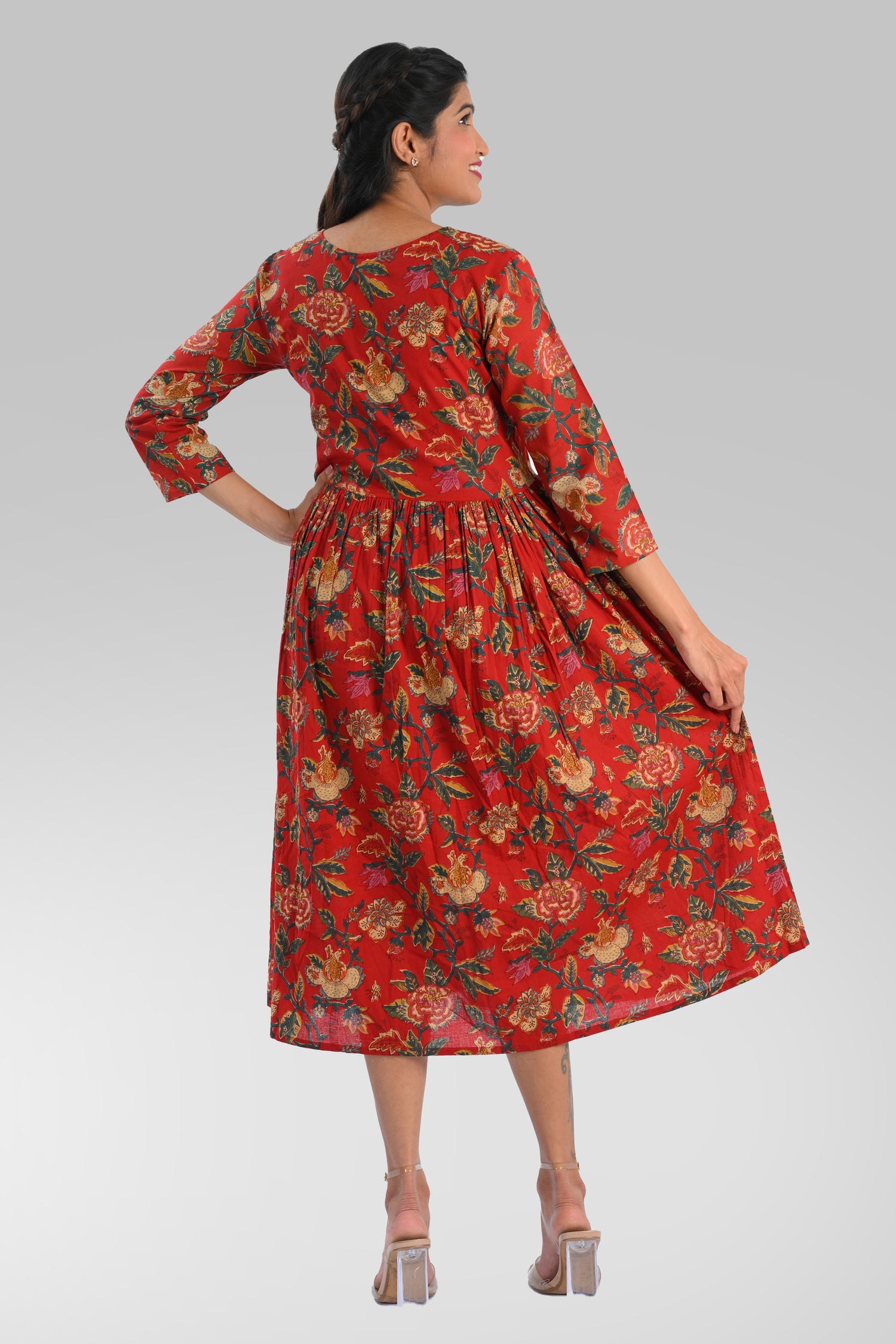 Red Plum Cotton Printed Midi Dress