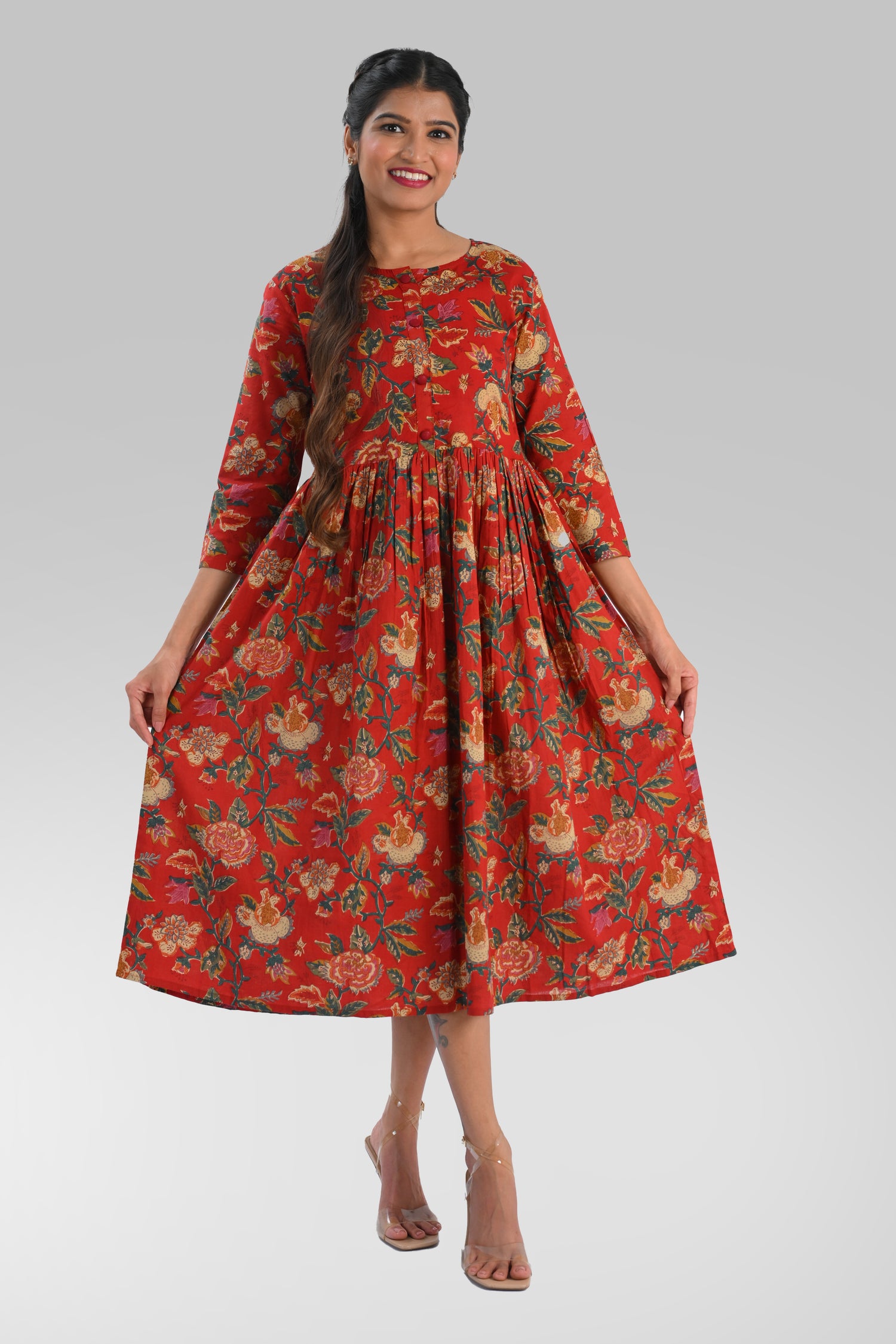 Red Plum Cotton Printed Midi Dress