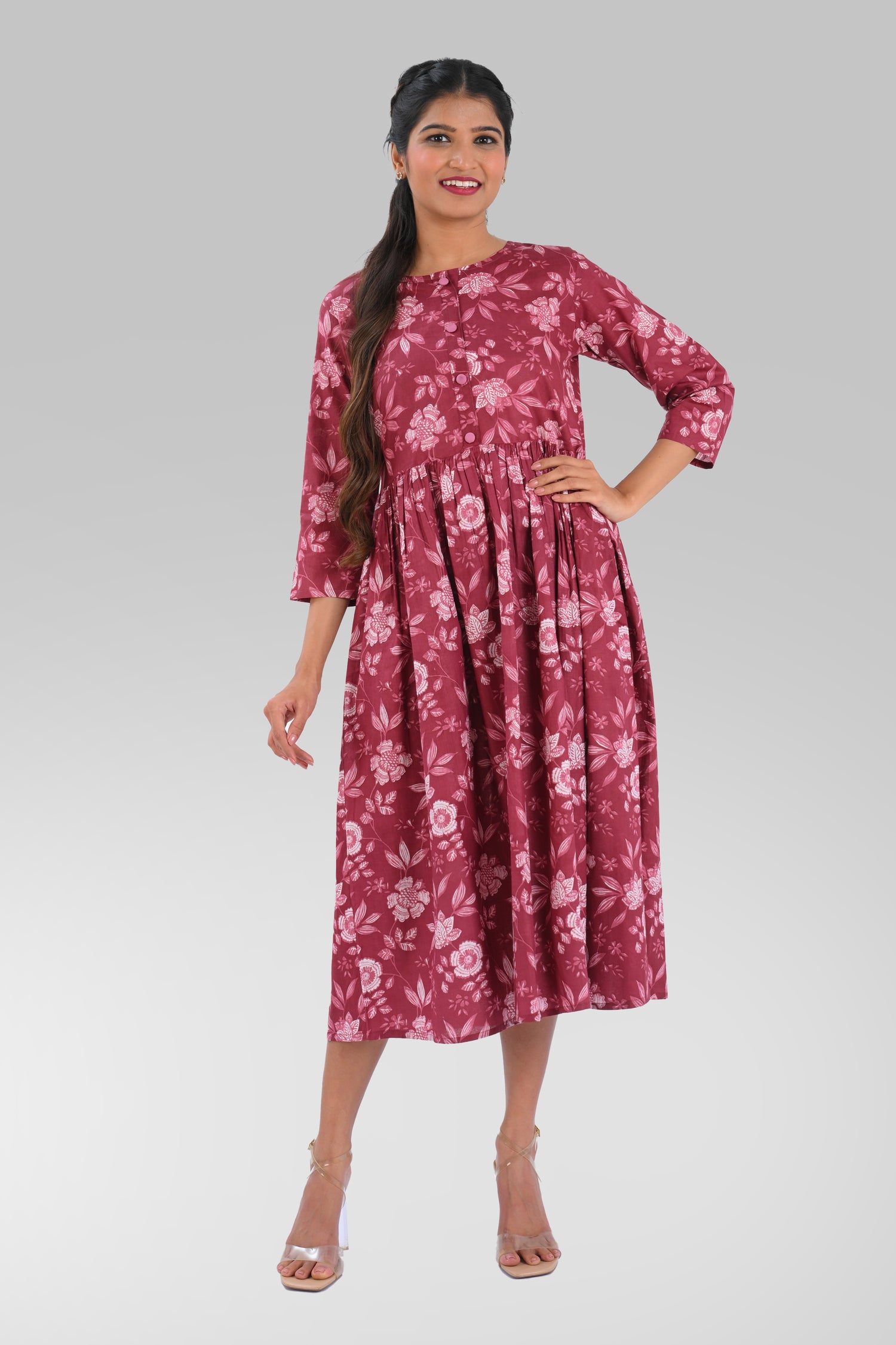 Red Wine Cotton Printed Midi Dress