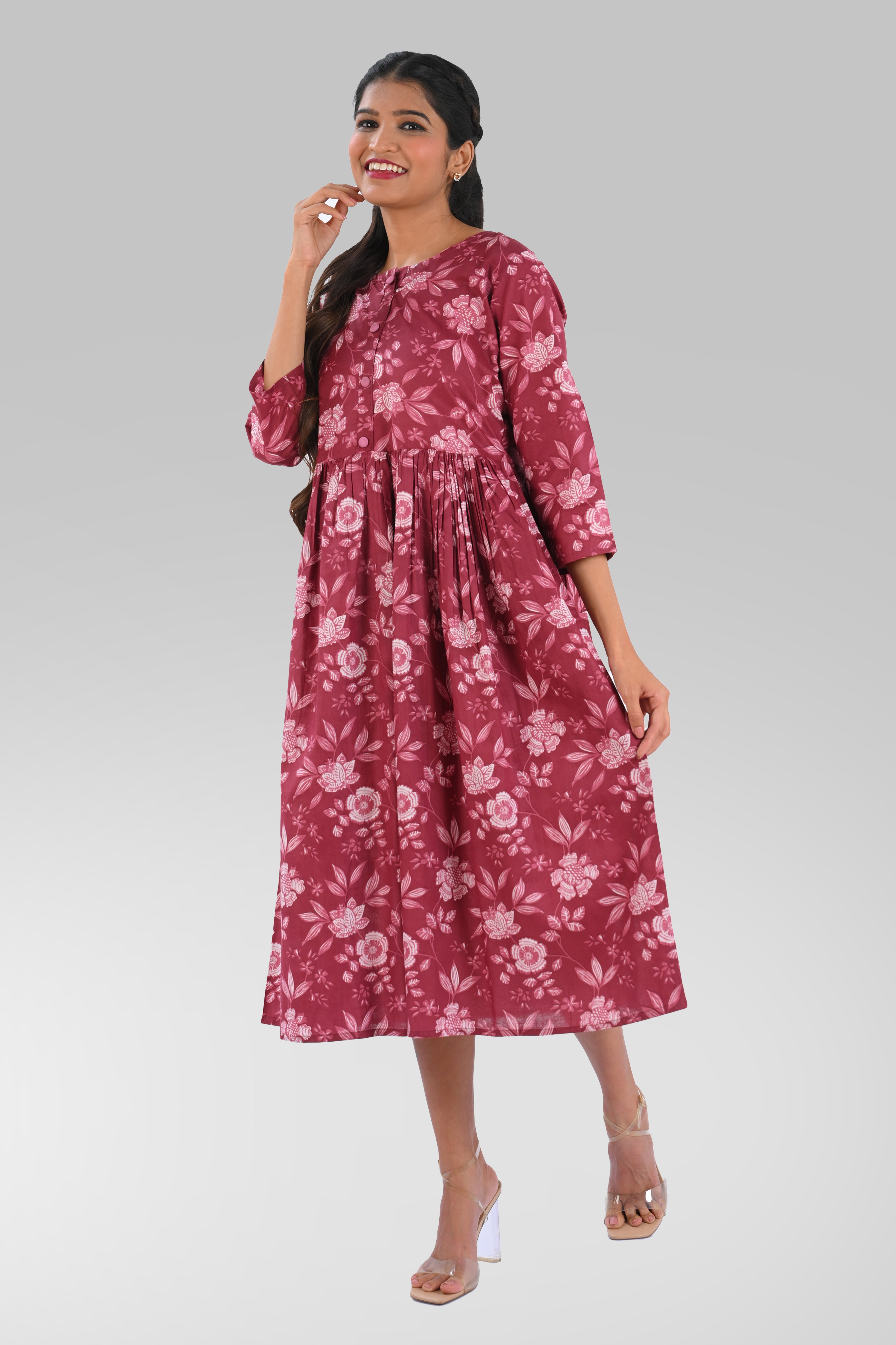 Red Wine Cotton Printed Midi Dress