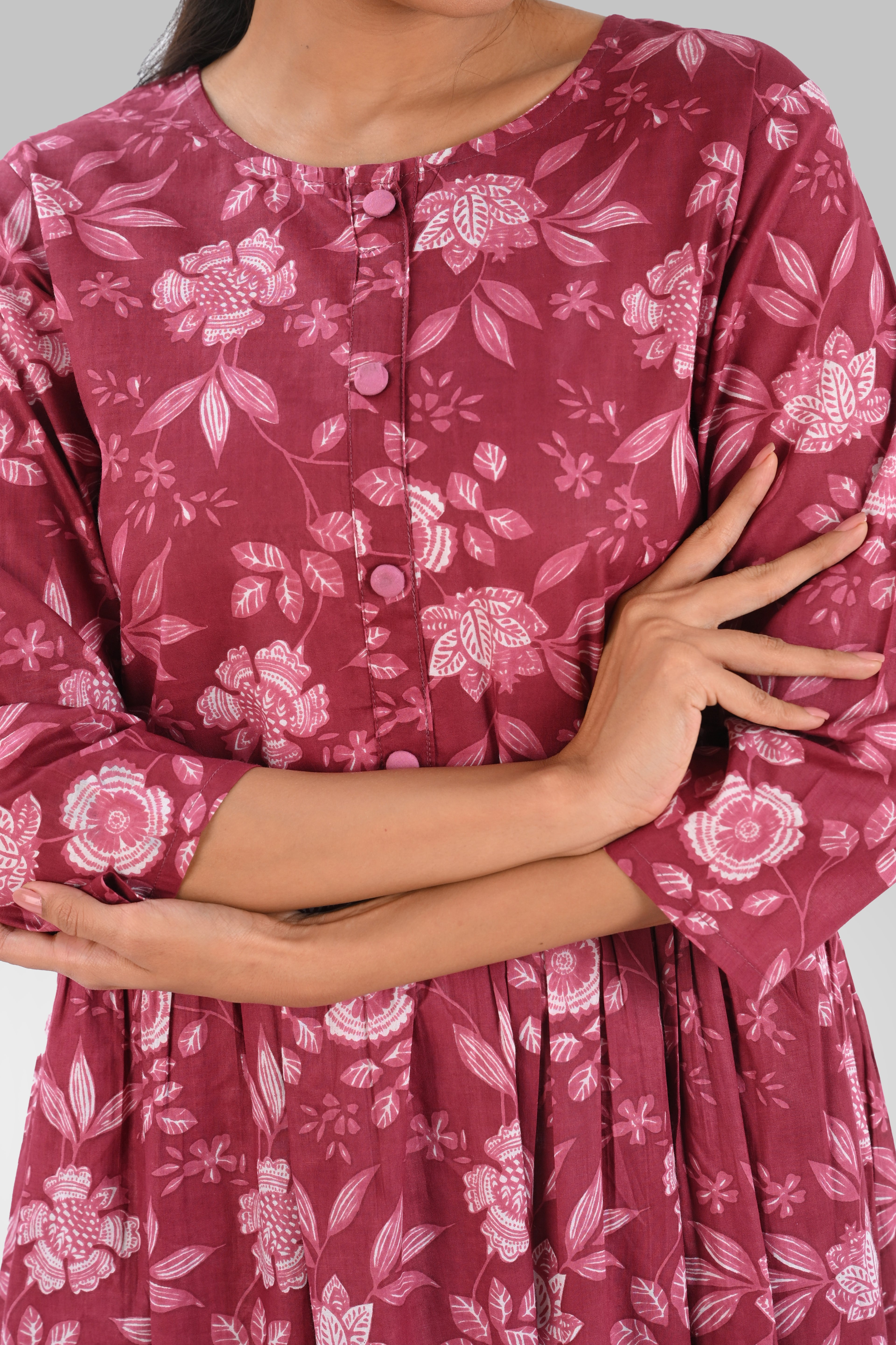 Red Wine Cotton Printed Midi Dress