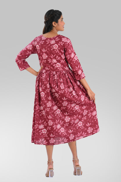 Red Wine Cotton Printed Midi Dress