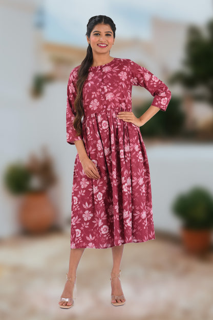 Red Wine Cotton Printed Midi Dress