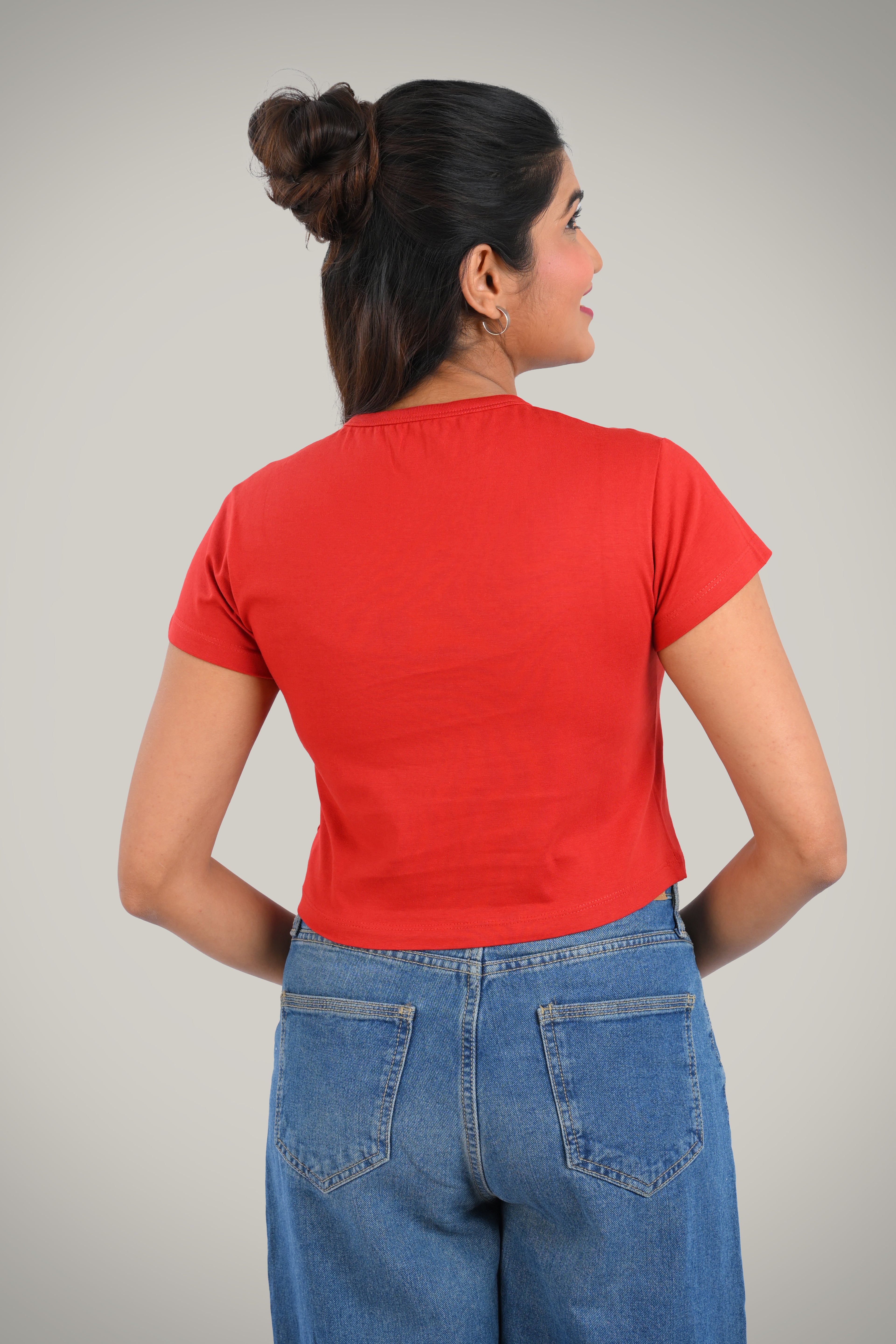 Red Cotton Crop Crew Neck T-Shirt