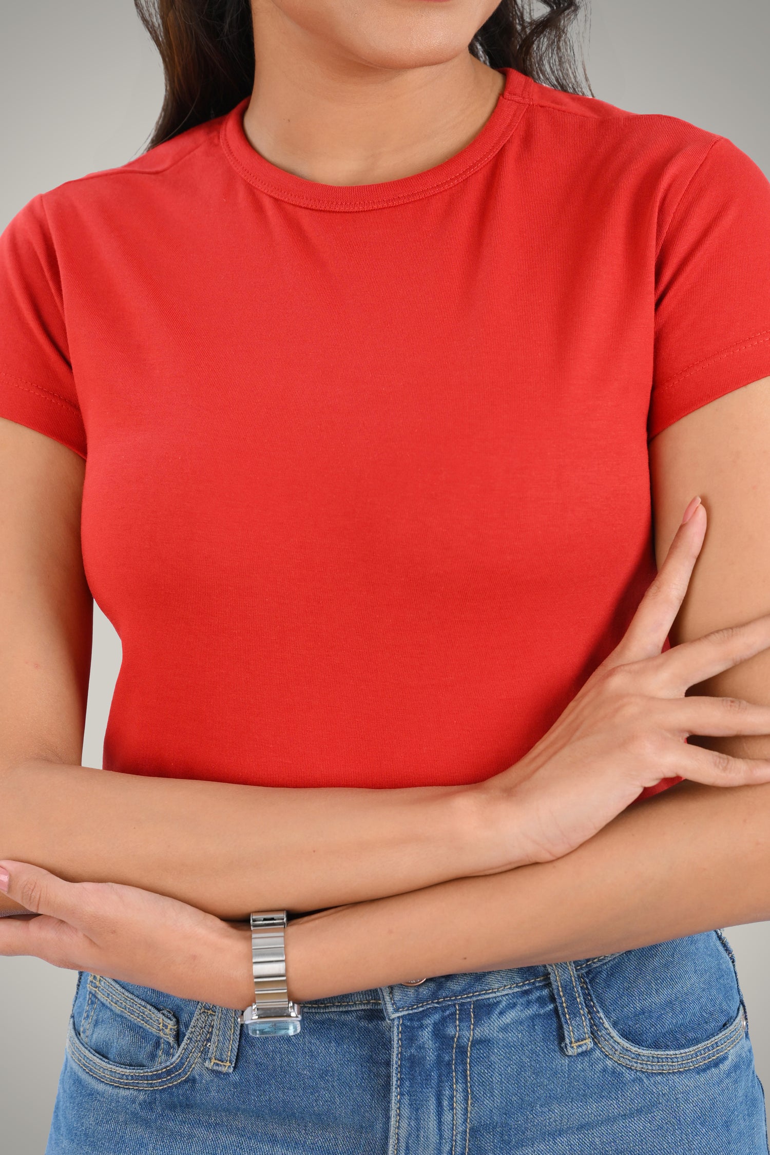 Red Cotton Crop Crew Neck T-Shirt