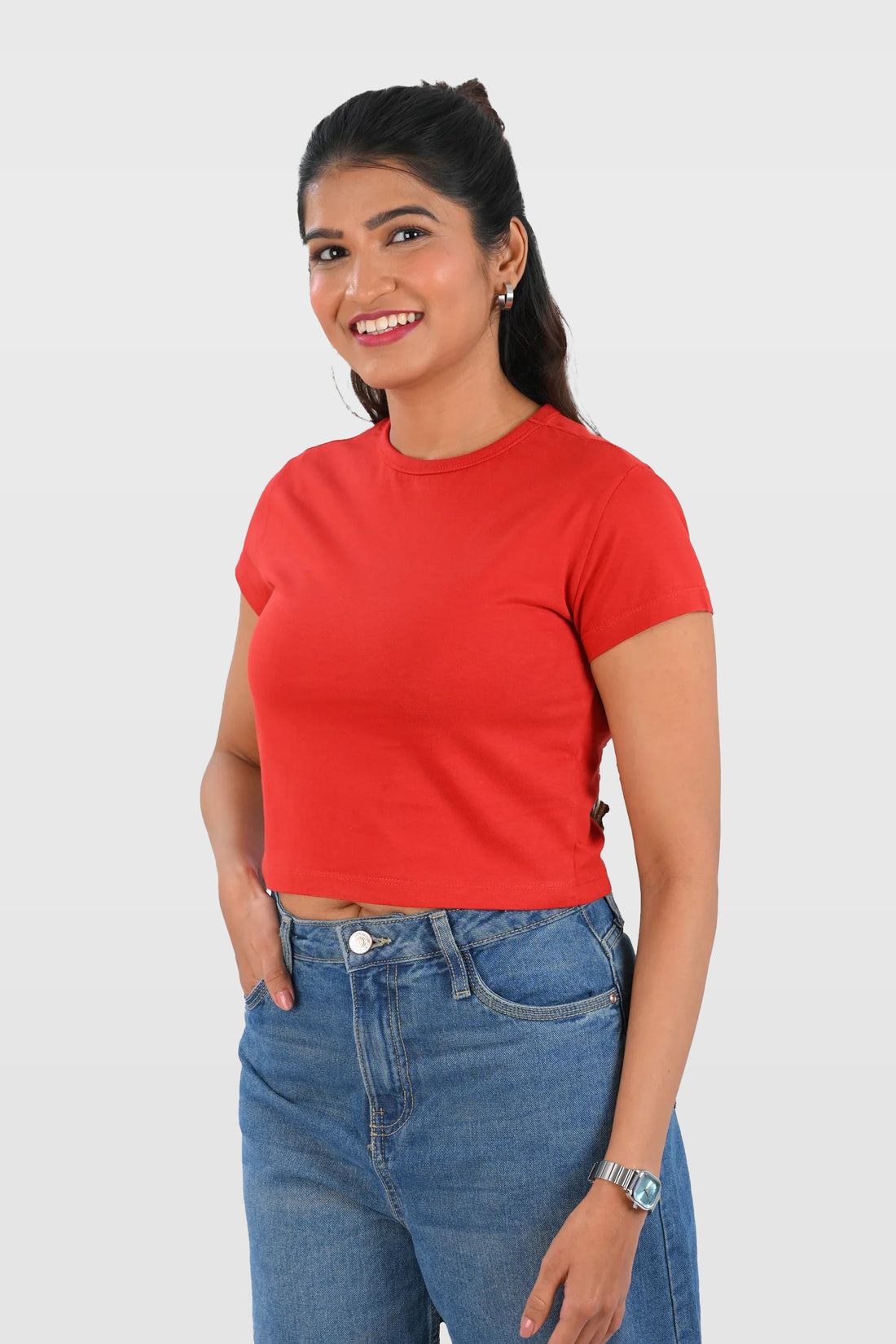 Red Cotton Crop Crew Neck T-Shirt