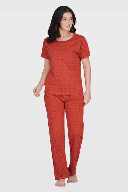 Red Cotton Printed Pyjama Set