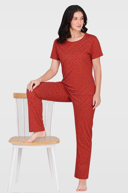 Red Cotton Printed Pyjama Set