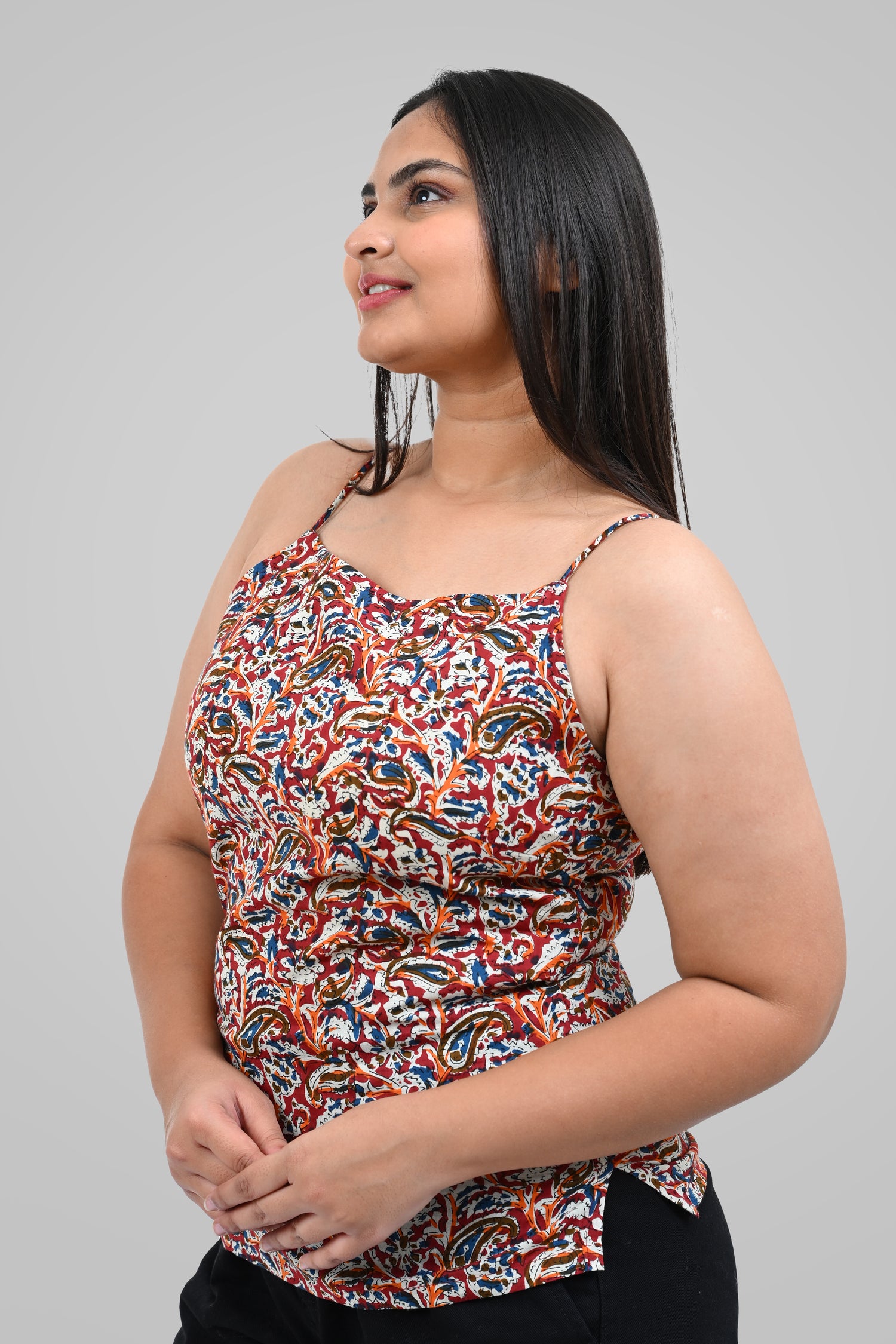 Red Cotton Printed Strap Top