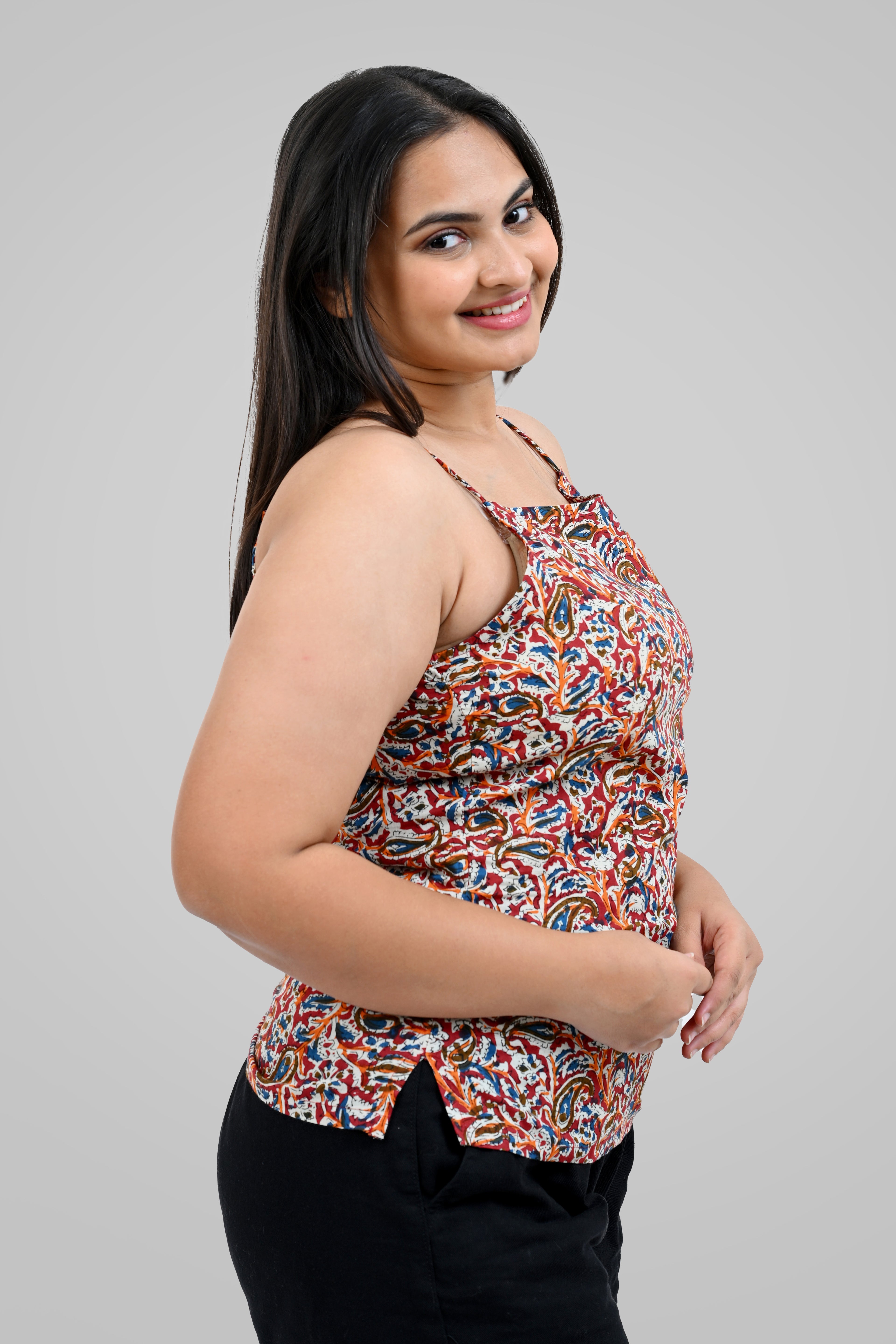 Red Cotton Printed Strap Top