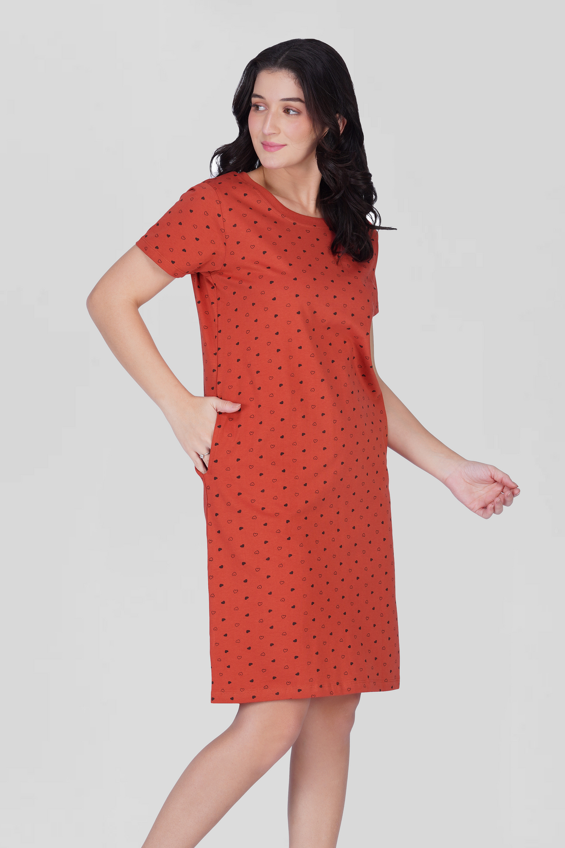 Red Cotton Printed T-Shirt Nightdress