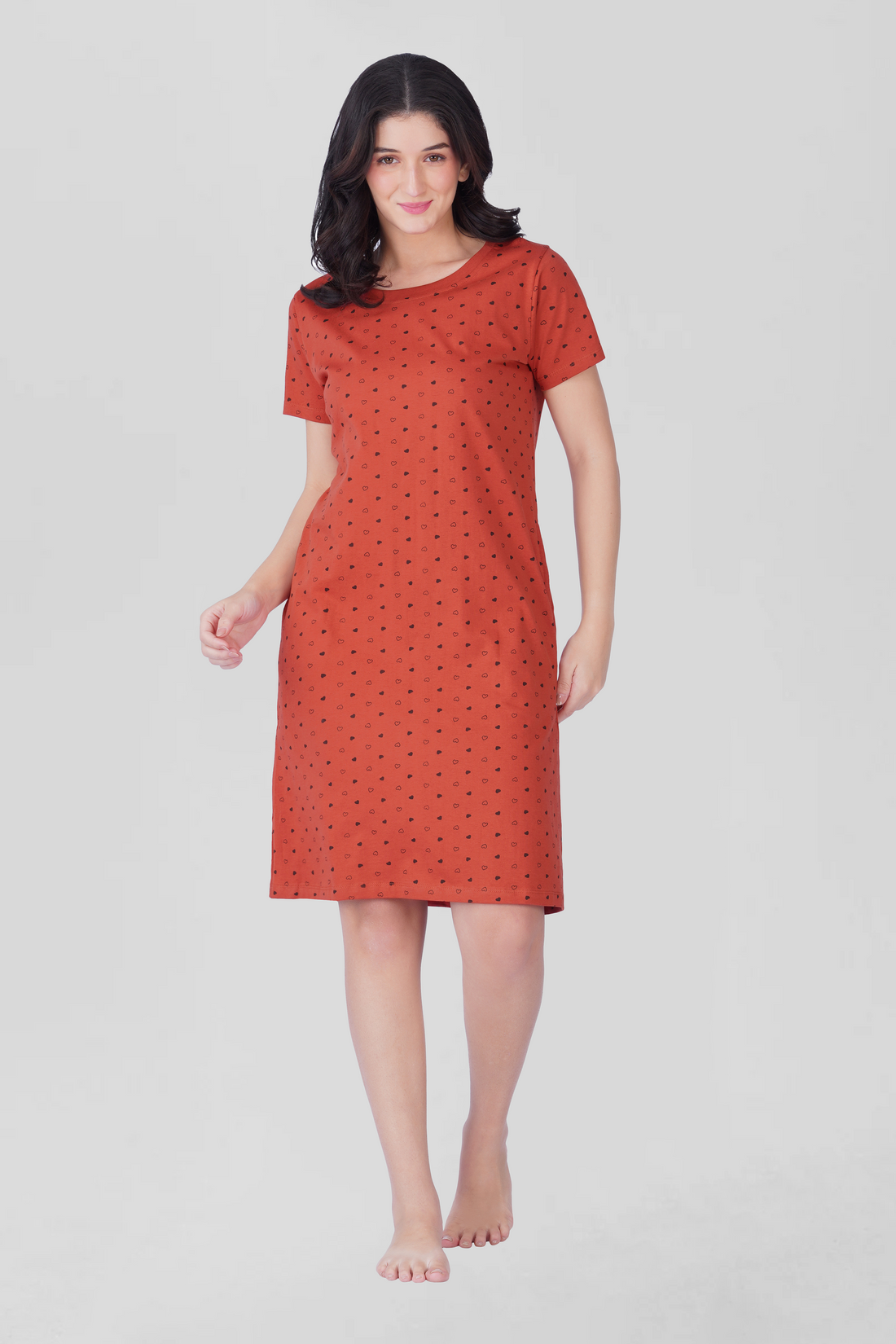 Red Cotton Printed T-Shirt Nightdress