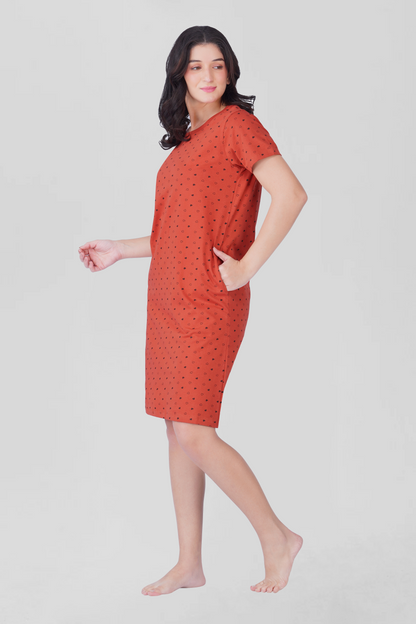 Red Cotton Printed T-Shirt Nightdress