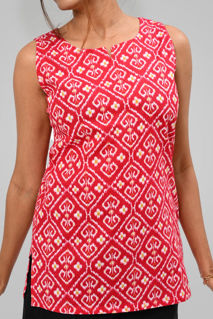 Red Ikat Cotton Printed Sleeveless Kurti