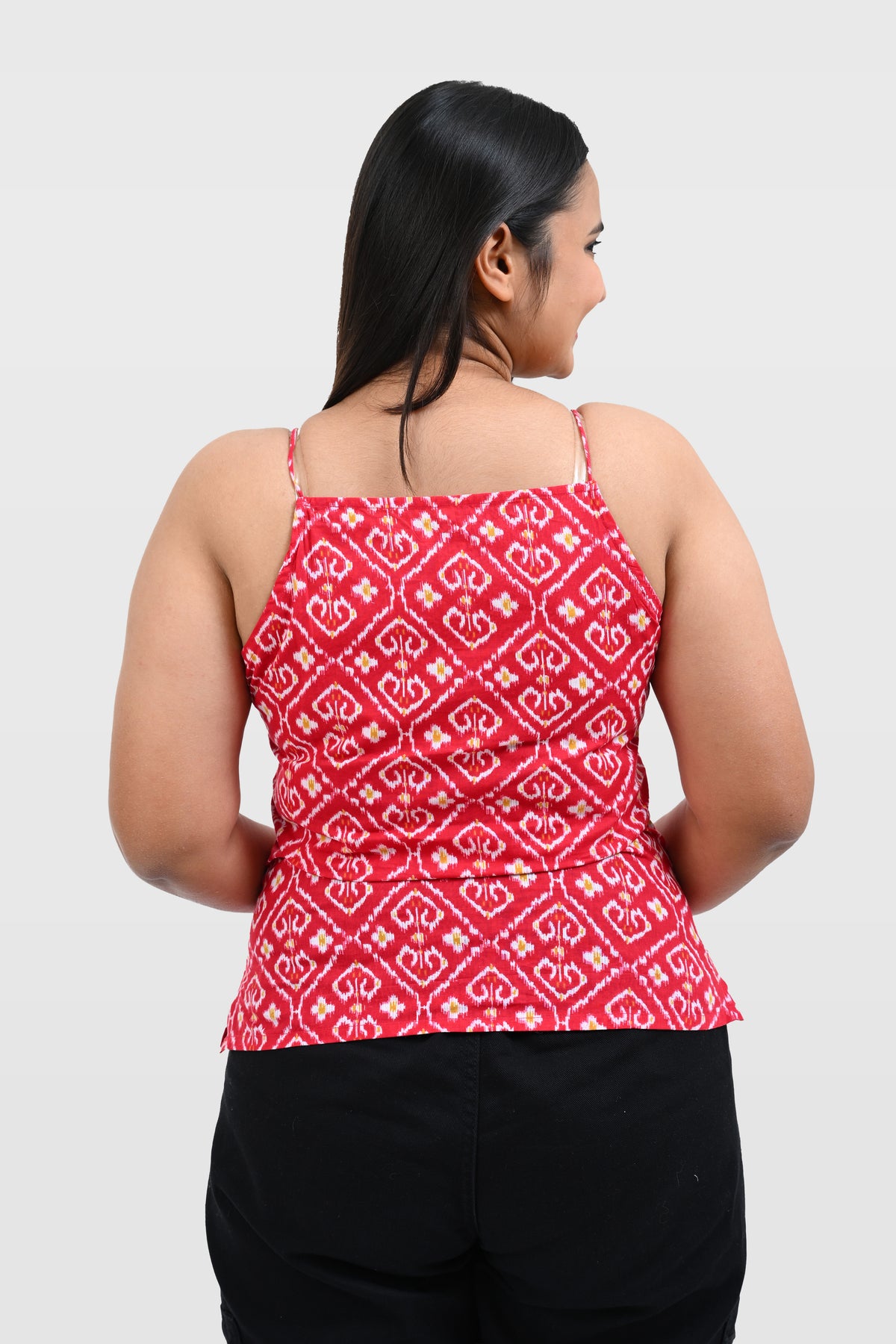 Red Ikat Cotton Printed Strap Top