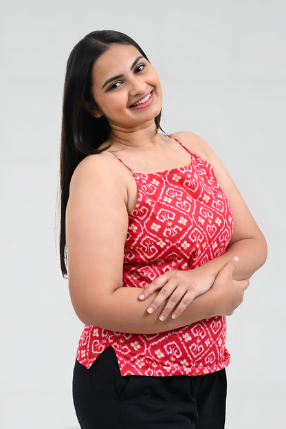 Red Ikat Cotton Printed Strap Top