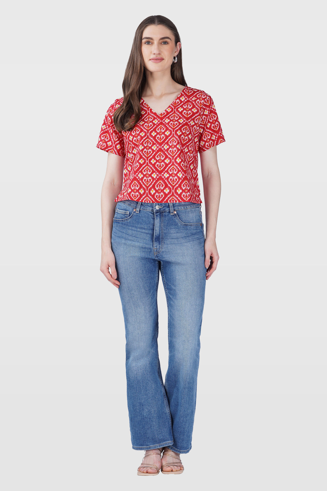 Red Ikat V Neck Cotton Printed Top