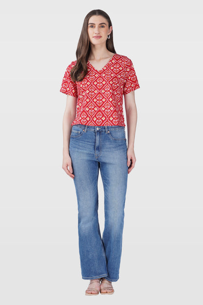 Red Ikat V Neck Cotton Printed Top