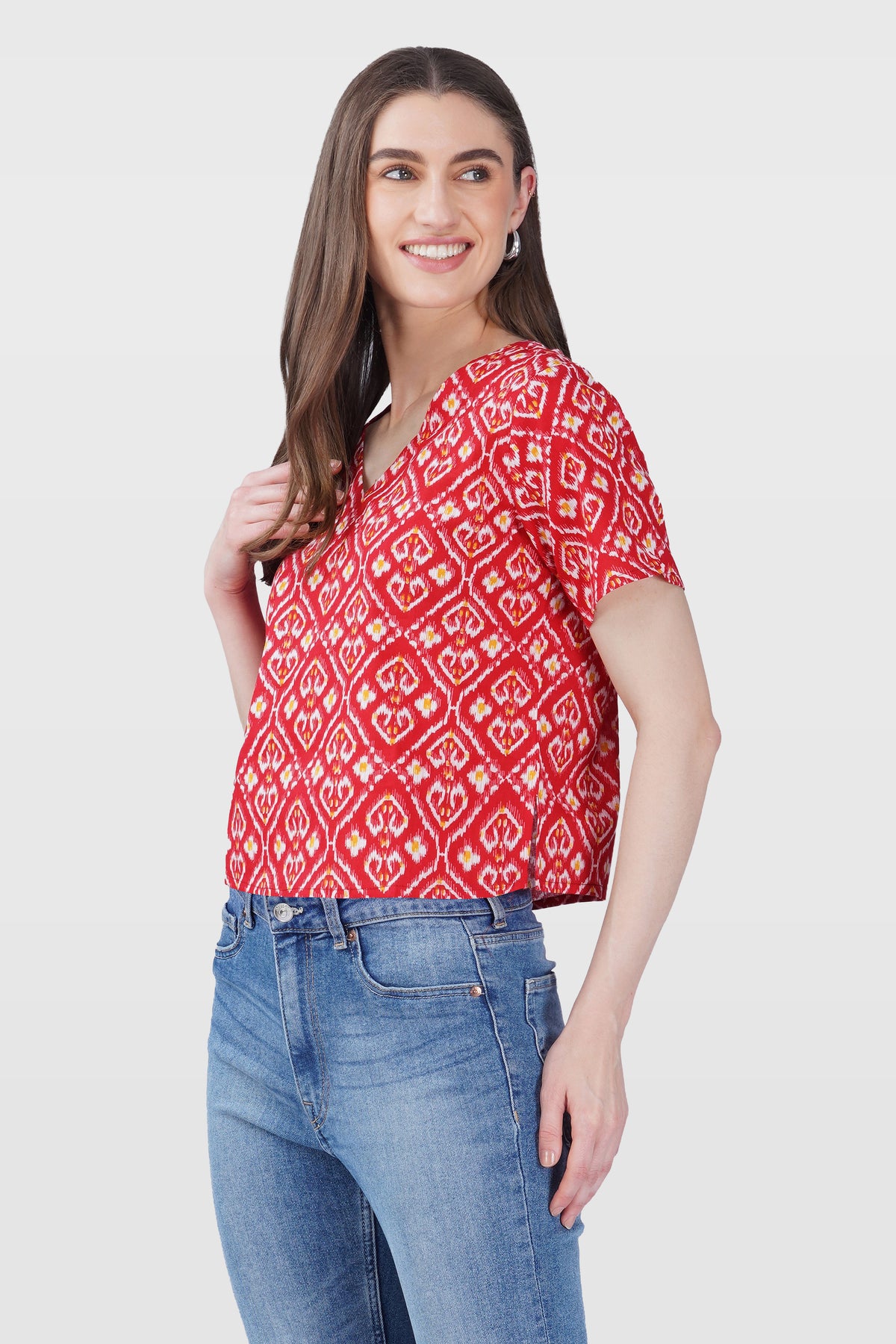 Red Ikat V Neck Cotton Printed Top