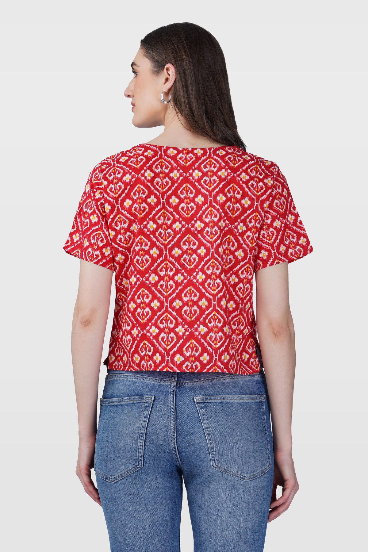 Red Ikat V Neck Cotton Printed Top