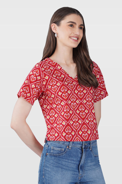 Red Ikat V Neck Cotton Printed Top