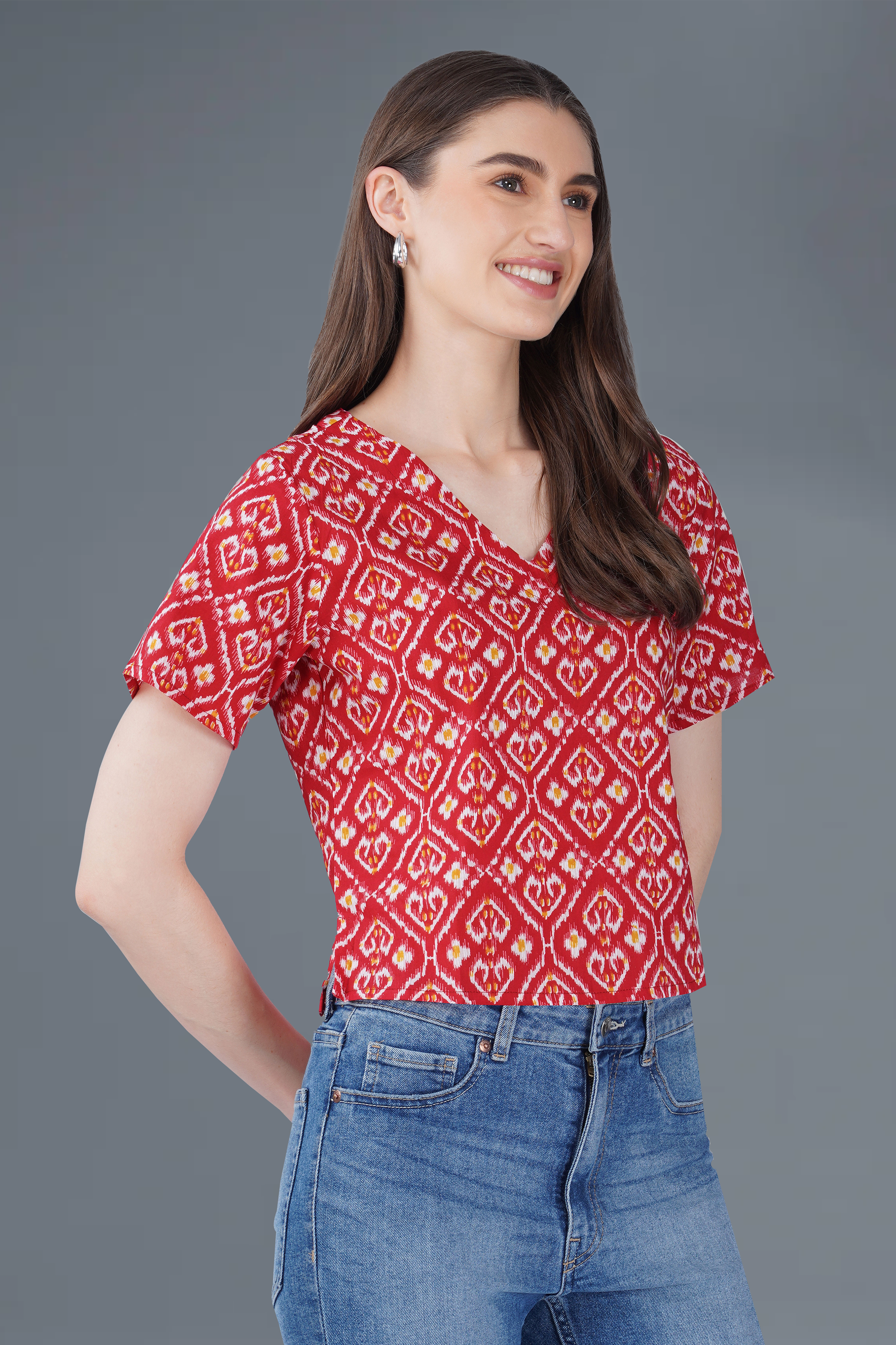 Red Ikat V Neck Cotton Printed Top