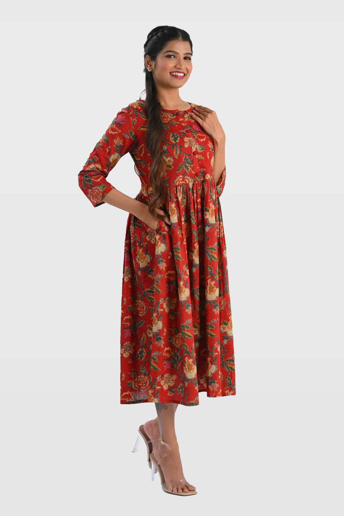 Red Plum Cotton Printed Midi Dress