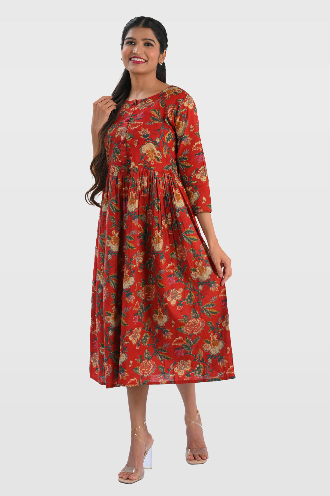 Red Plum Cotton Printed Midi Dress